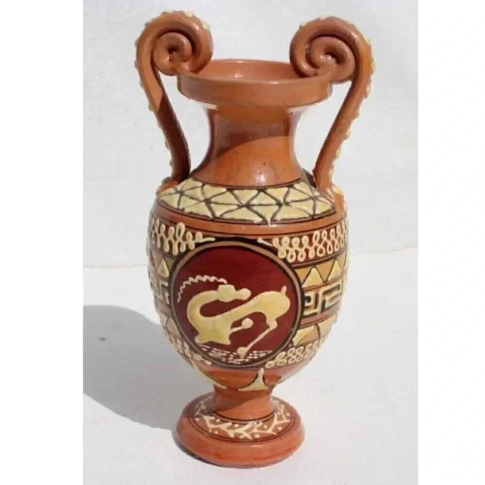 Vtg Terracotta Neoclassical Urn Vase Greek Aztec Empire Trojan Clay POTTERY
